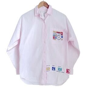 Vtg At Last Women S Pink Button-Up Shirt USA Sports Stamp Graphic Patches Cotton